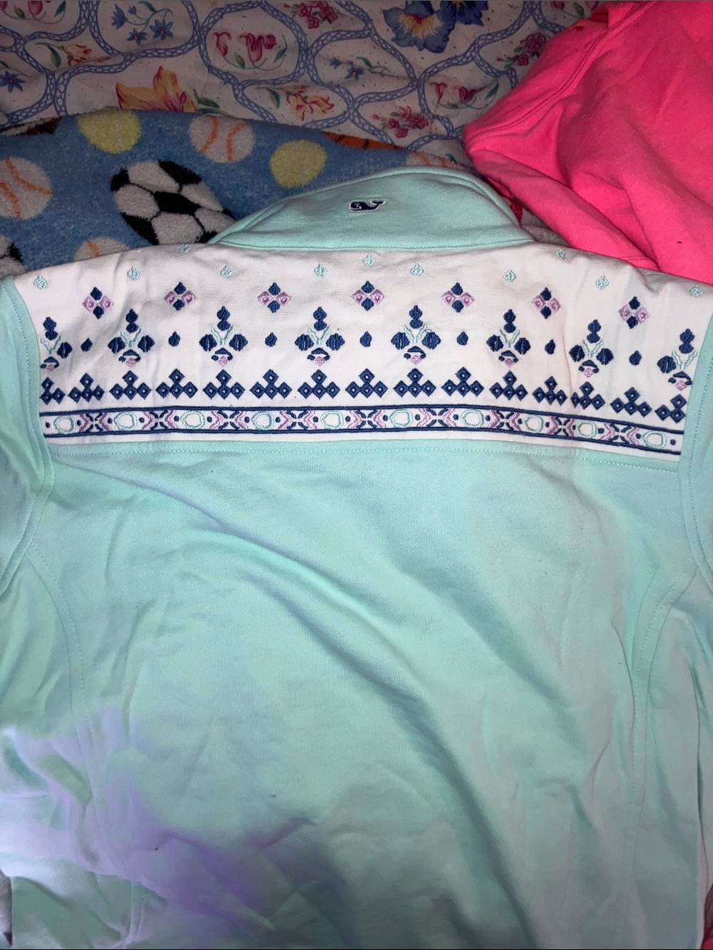 Vineyard Vines Mint Pullover with Navy & Pink Embroidered Yoke